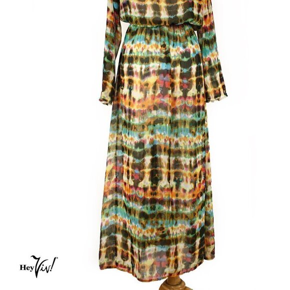 Sheer Summery Flowy Maxi Dress w Colorful Watercolor Pattern Size XL - Hey Viv - Picture 4 of 5
